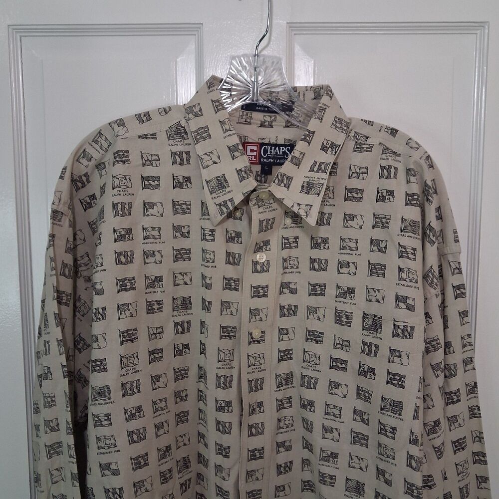 Vintage Chaps Ralph Lauren All Over Flag Print Button Down Shirt Men's L Preppy - Picture 11 of 16